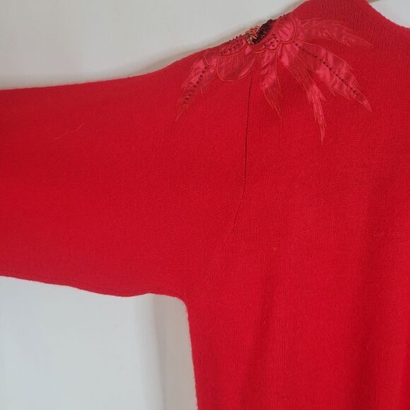 Embellished Shoulder Appliques Vintage Cashmere Blend Bright Red Sweater - Picture 6 of 15